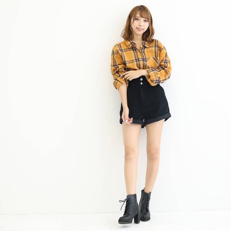 コーデュロイフリルハイウエストショートパンツ かぼちゃパンツ ロール 
