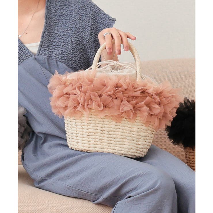 ピンクベージュ | 【カゴバッグ/リゾート/プレゼント】チュールフリルカゴバッグ | TRYSIL