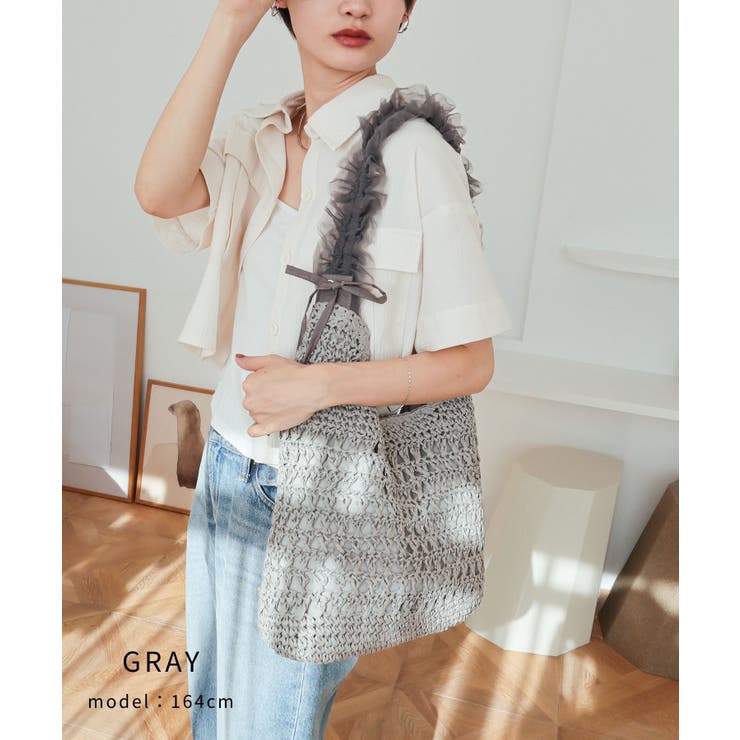 【カゴバッグ/リゾート/軽量】ペーパー×チュールフリルワンショルダーバッグ | TRYSIL | 詳細画像2 