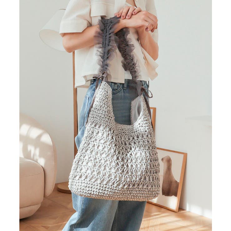 グレー | 【カゴバッグ/リゾート/軽量】ペーパー×チュールフリルワンショルダーバッグ | TRYSIL