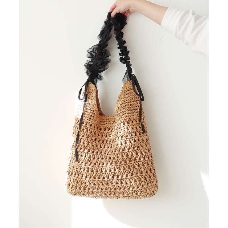 ブラック | 【カゴバッグ/リゾート/軽量】ペーパー×チュールフリルワンショルダーバッグ | TRYSIL