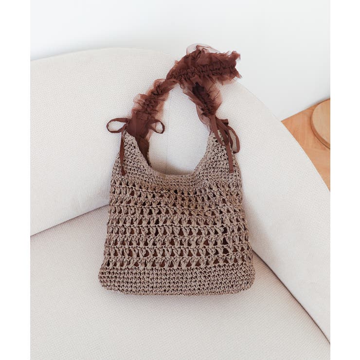 ブラウン | 【カゴバッグ/リゾート/軽量】ペーパー×チュールフリルワンショルダーバッグ | TRYSIL