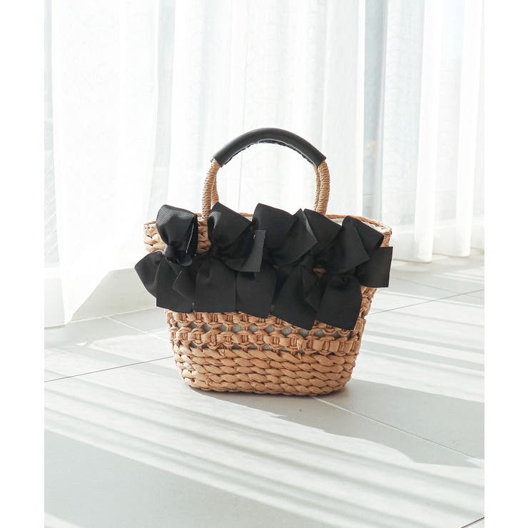ブラック | 【カゴバッグ/リゾート/プレゼント】リボン装飾かごバッグ | TRYSIL