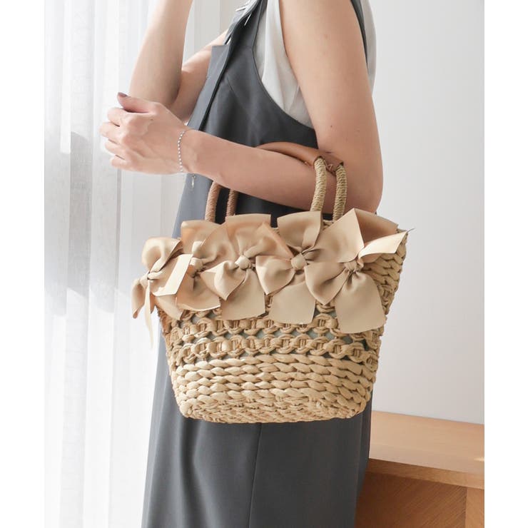 ベージュ | 【カゴバッグ/リゾート/プレゼント】リボン装飾かごバッグ | TRYSIL