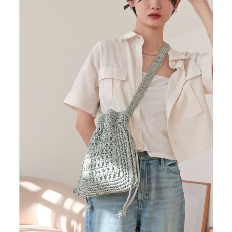 ミント | 【カゴバッグ/リゾート/軽量】巾着ワンショルダーバッグ | TRYSIL