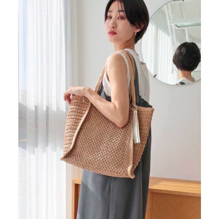 ベージュ | 【カゴバッグ/A4/軽量】透かし編みペーパーシートトートバッグ | TRYSIL