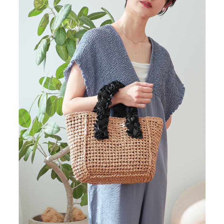 ブラック | 【カゴバッグ/リゾート/プレゼント】ハンドルフリルペーパートートバッグ | TRYSIL