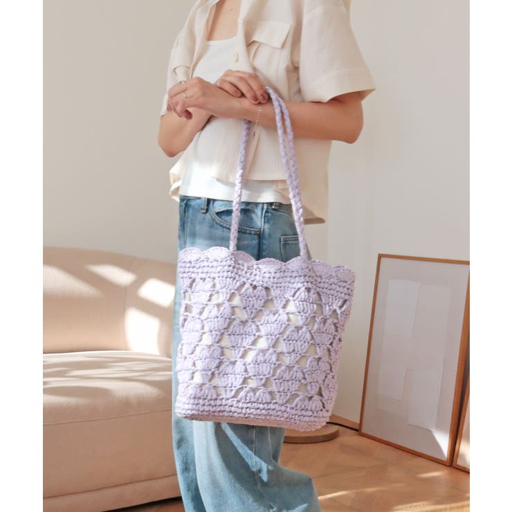 ラベンダー | 【カゴバッグ/リゾート/軽量】ハートモチーフ編みペーパートートバッグ | TRYSIL
