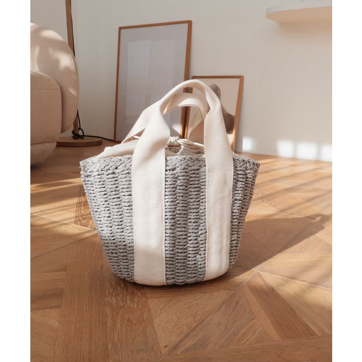 グレー | 【カゴバッグ/リゾート/軽量】口元巾着ハンドルテープペーパートートバッグ | TRYSIL