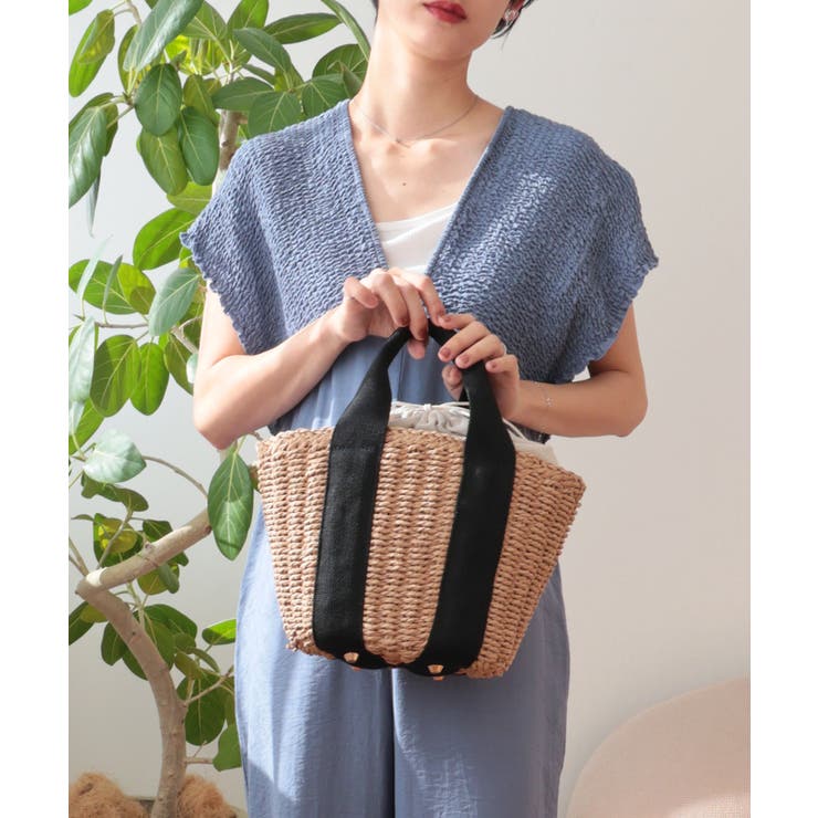 ブラック | 【カゴバッグ/リゾート/軽量】口元巾着ハンドルテープペーパートートバッグ | TRYSIL