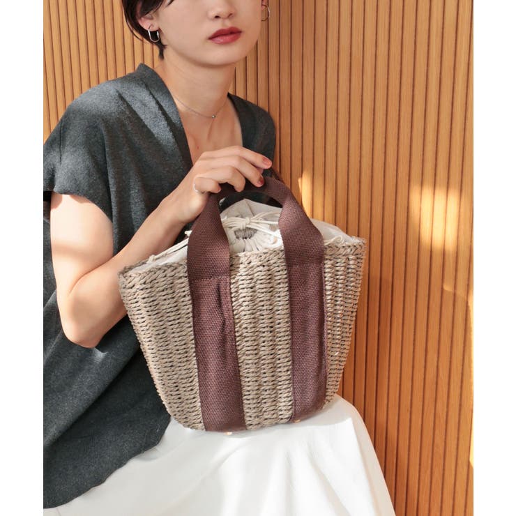 モカ | 【カゴバッグ/リゾート/軽量】口元巾着ハンドルテープペーパートートバッグ | TRYSIL