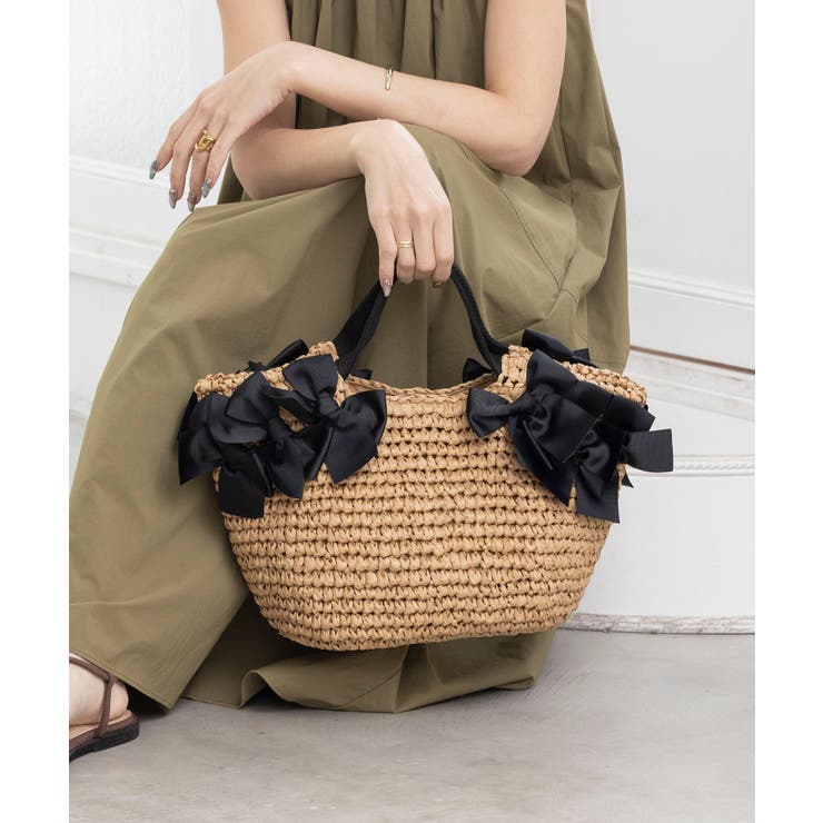 ブラック | 【デイリー/カゴバッグ/ミディアムサイズ】サイドリボンペーパートートバッグ | TRYSIL