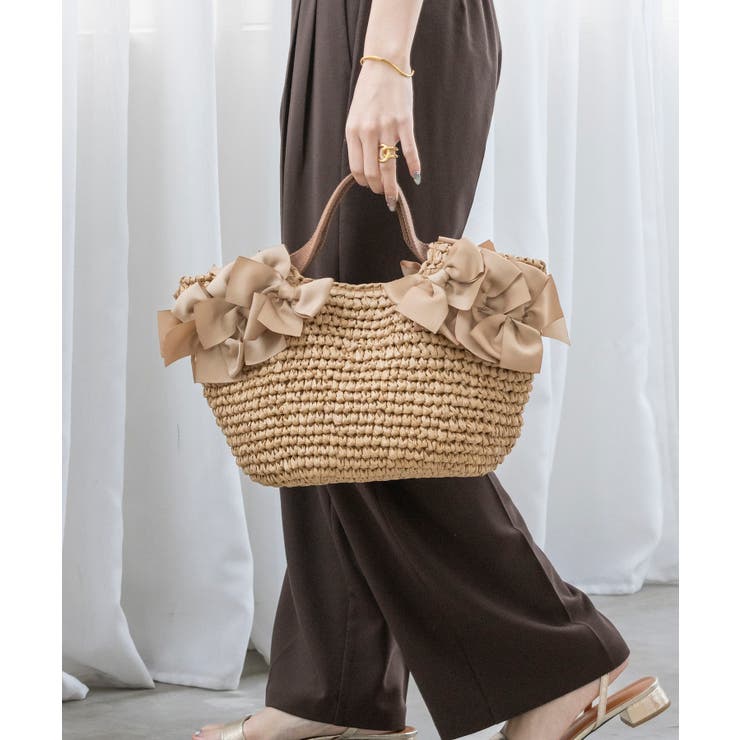 ベージュ | 【デイリー/カゴバッグ/ミディアムサイズ】サイドリボンペーパートートバッグ | TRYSIL