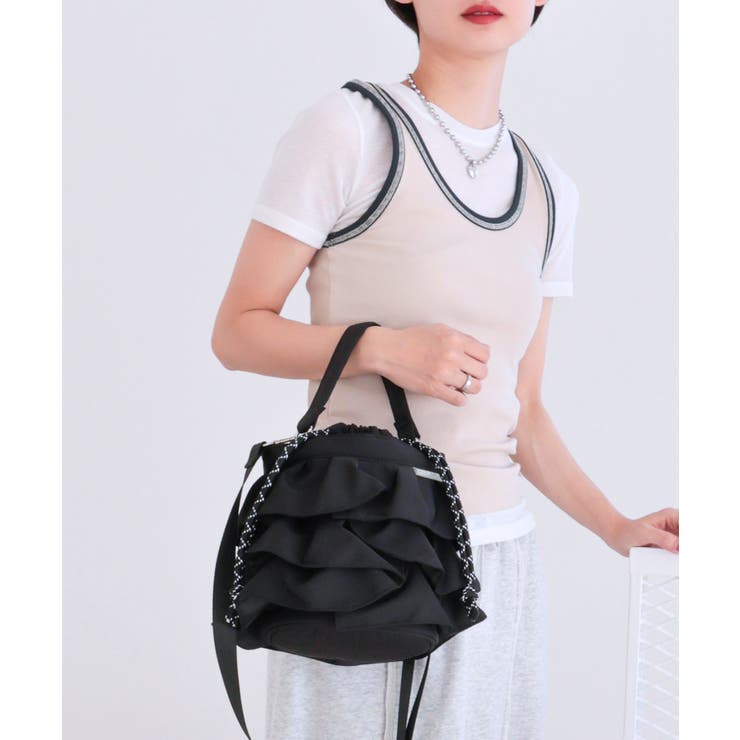 ブラック | 【2way/デイリー/オールシーズン】2wayフリル巾着バッグ | TRYSIL