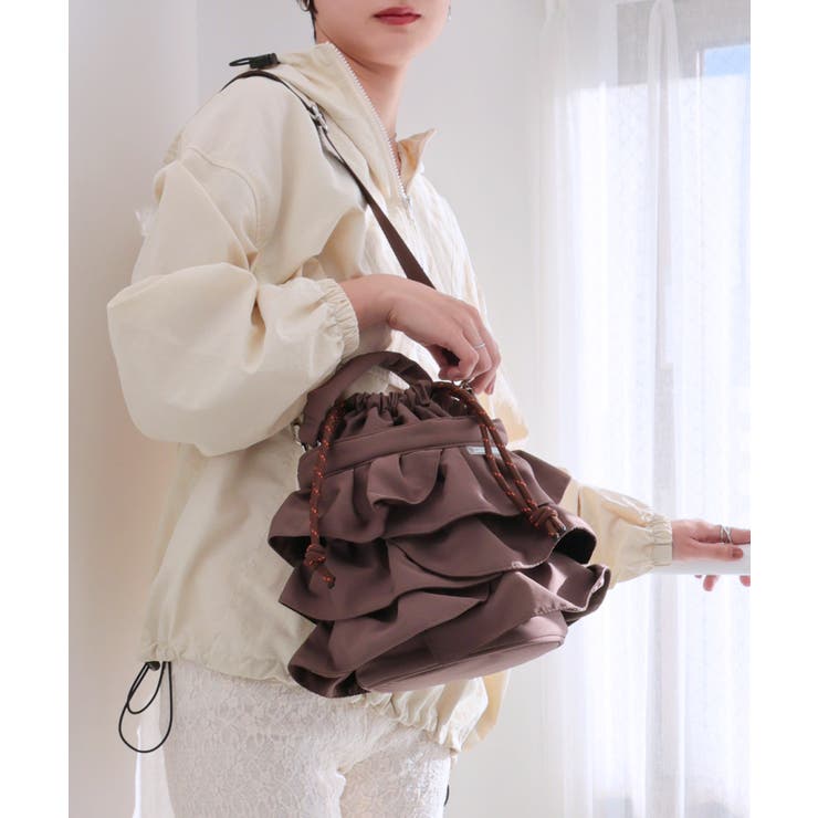 ブラウン | 【2way/デイリー/オールシーズン】2wayフリル巾着バッグ | TRYSIL