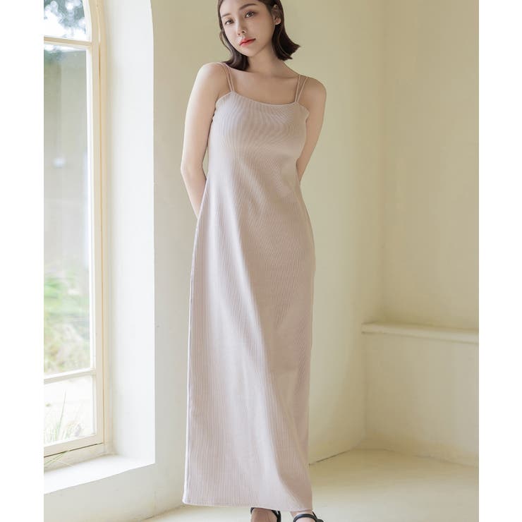 ロング丈/ライトグレージュ | 2wayリブカップ付きワンピース プレーン/アシメタイプ【ミドル/ロング丈】 | tu-hacci 