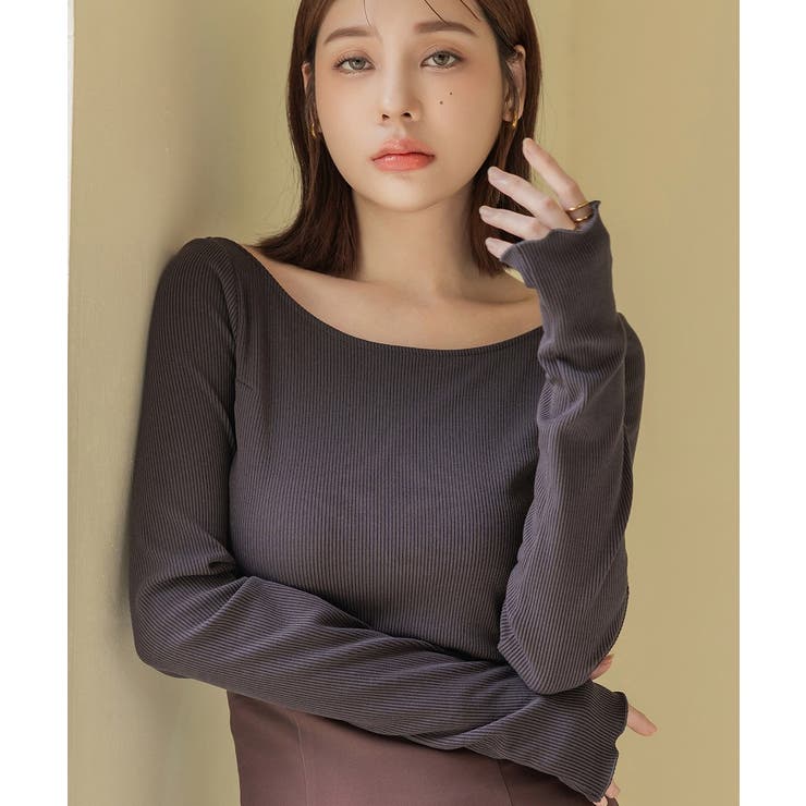 チャコールグレー/メロー | 1.5倍盛りを叶えるリブ長袖ブラトップ 袖フレア 袖メロウ | tu-hacci 