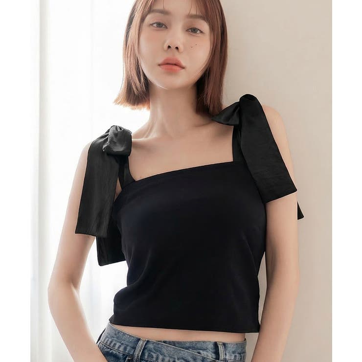 ブラック×ブラック | 肩リボンカップ付きトップス《BRAmone Fashion Glamorous》 | tu-hacci 