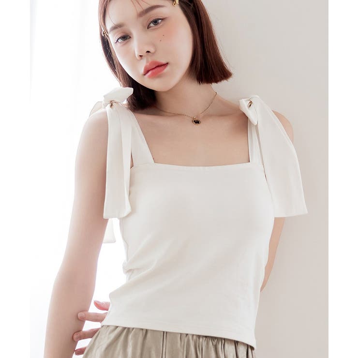 アイボリー×アイボリー | 肩リボンカップ付きトップス《BRAmone Fashion Glamorous》 | tu-hacci 