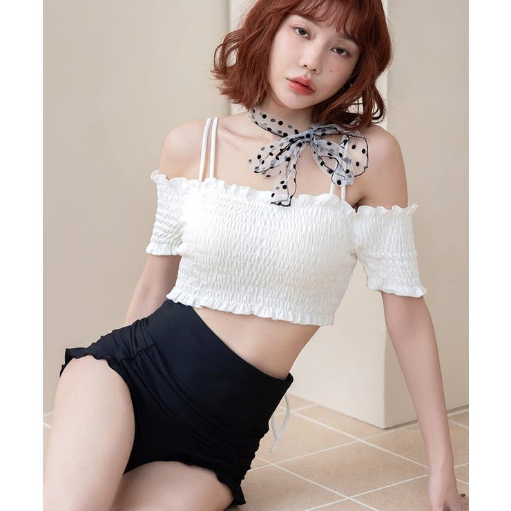 ホワイト+ブラック | ≪2cup盛り≫オフショルダービキニ3点セット《BRAmone Basic Vo… | tu-hacci 