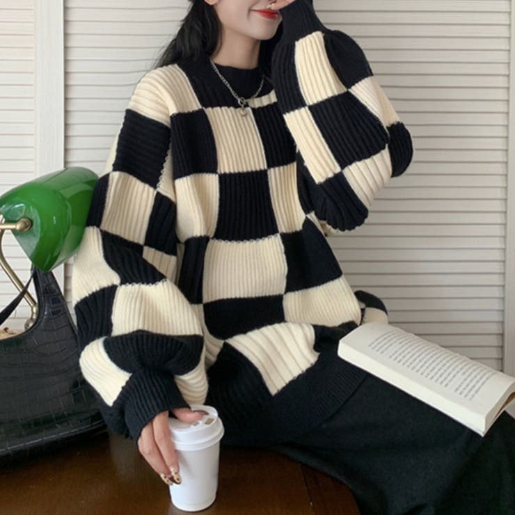 セットアップ モヘアニット セーター チェック ロングスカート 1 ニット セーター トップス 長袖 ブロックチェック カジュアル