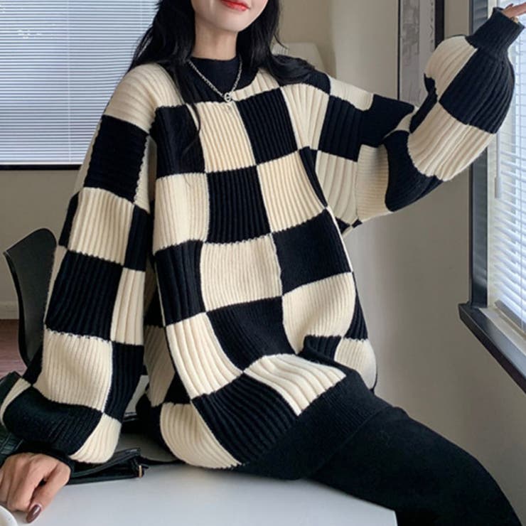 ニット セーター トップス 長袖 ブロックチェック カジュアル