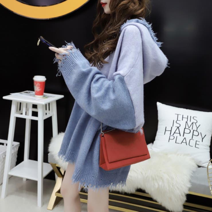 レディース フード付きセーター ロングセーター フーディー ロング丈 袖あり 長袖 Vネック 革ボタン ドロップショルダー オーバーサイズ GOLDJAPAN 大きいサイズ レディース トップス ニット 長袖 V