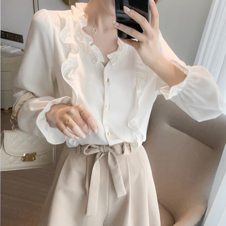 ホワイト | シャツ ブラウス カットソー 長袖 トップス シフォンシャツ レディース | TwoGates 