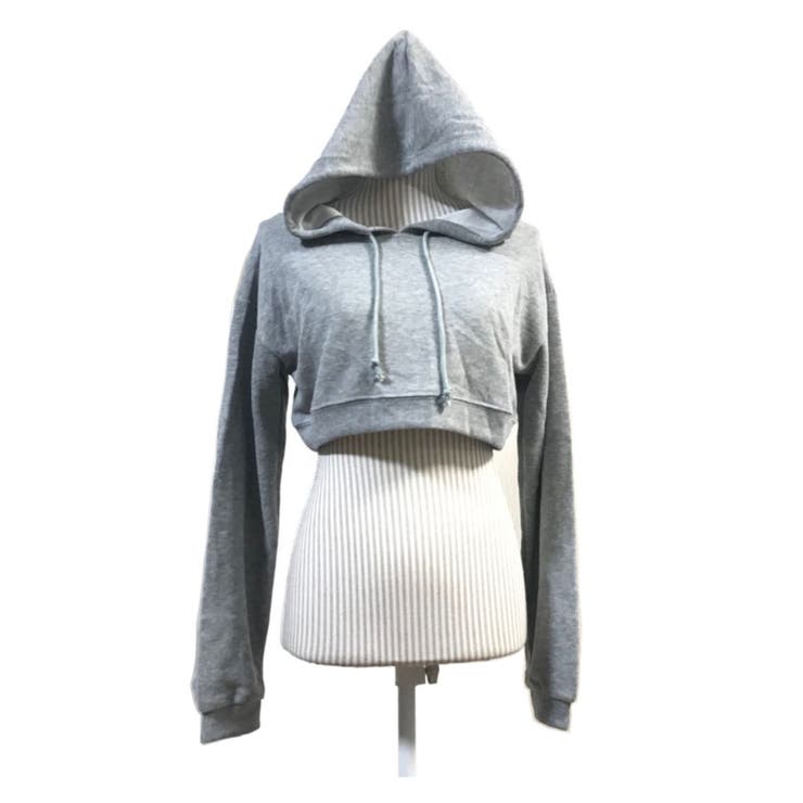 グレー】トップス ショート丈 パーカー 長袖 カジュアル フード付