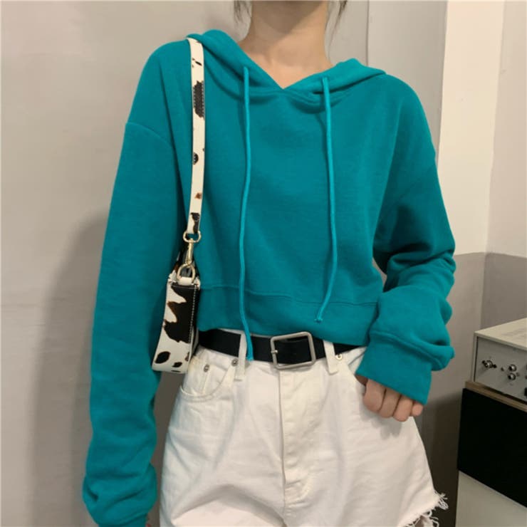 グレー】トップス ショート丈 パーカー 長袖 カジュアル フード付