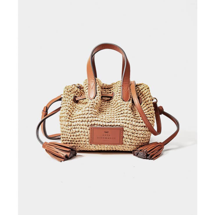 アニヤハインドマーチANYAHINDMARCH5050925163545ショルダーバッグレディースバッグミニショルダーかごバッグ斜め掛けラフィアレザードローストリングカジュアルロゴお出かけハンドバッグ2wayプレゼントお祝い肩掛けナチュラル