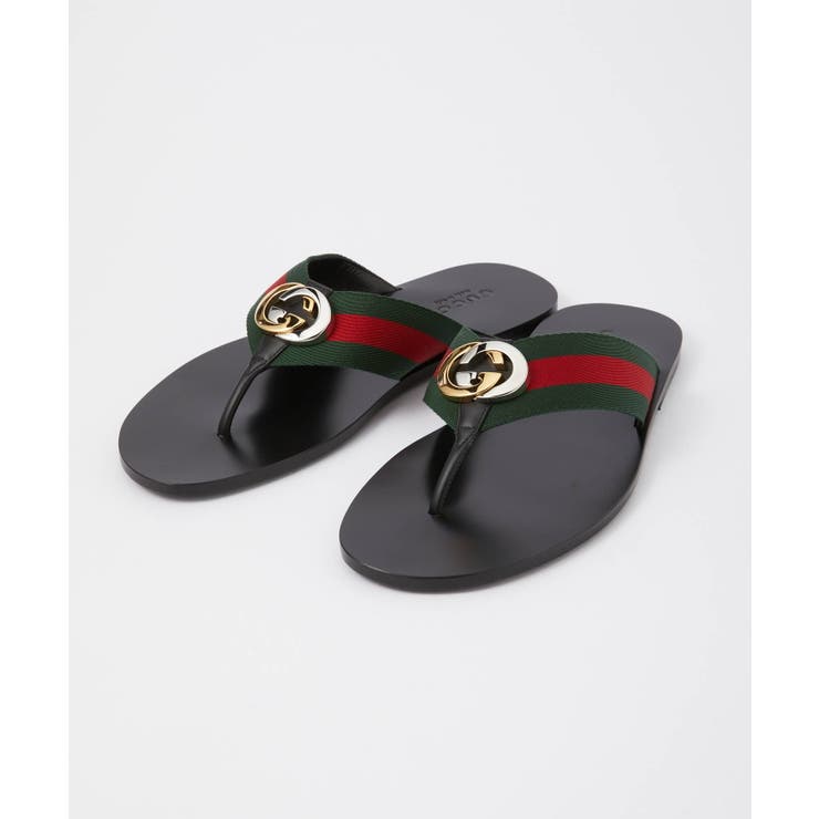 グッチGUCCI630307H9020サンダルメンズシューズトングサンダルウェブ付きレザークラシカルフラットストライプストラッププレゼントギフト靴ブラック27.0～28.5cm