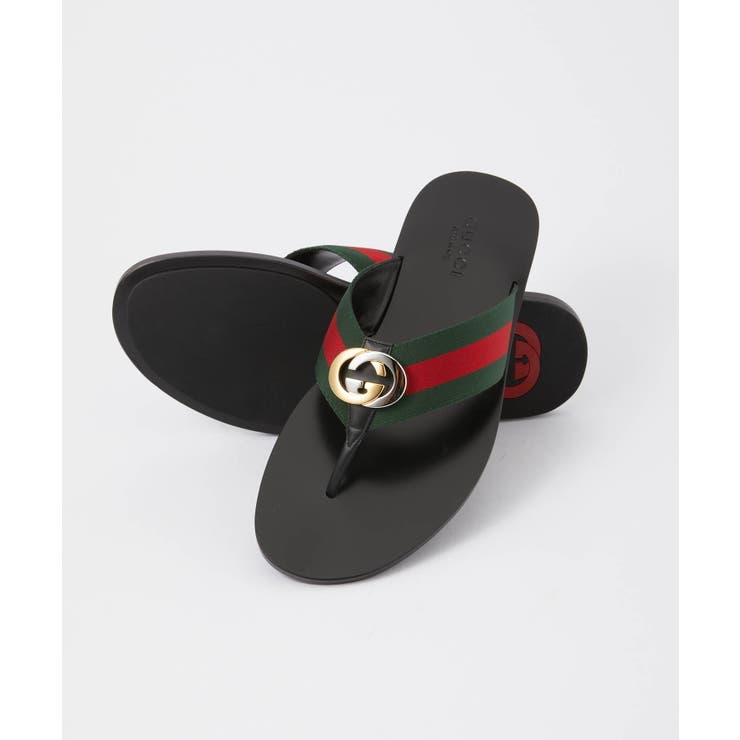 グッチGUCCI630307H9020サンダルメンズシューズトングサンダルウェブ付きレザークラシカルフラットストライプストラッププレゼントギフト靴ブラック27.0～28.5cm