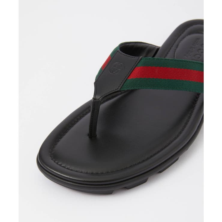 グッチGUCCI429362H91A0サンダルメンズシューズトングサンダルウェブレザービーチクラシカルフラットストライププレゼントギフト靴ブラック27.0～28.5cm