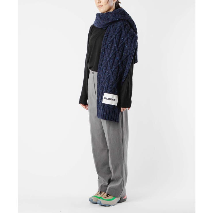 ジルサンダープラスJILSANDER+J40TE0007J14522マフラーレディースファッション小物ウールストールブランドロゴラベルスカーフケーブルニットチャンキーメリノおしゃれ秋冬防寒暖かいCHUNKYMERINOCABLEKNITSCARFホワイトダークネイビー