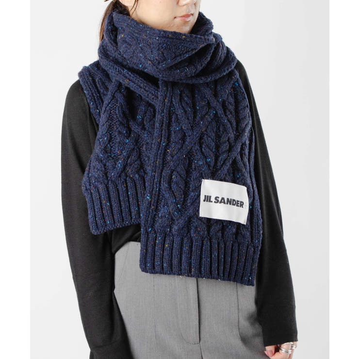 ジルサンダープラスJILSANDER+J40TE0007J14522マフラーレディースファッション小物ウールストールブランドロゴラベルスカーフケーブルニットチャンキーメリノおしゃれ秋冬防寒暖かいCHUNKYMERINOCABLEKNITSCARFホワイトダークネイビー