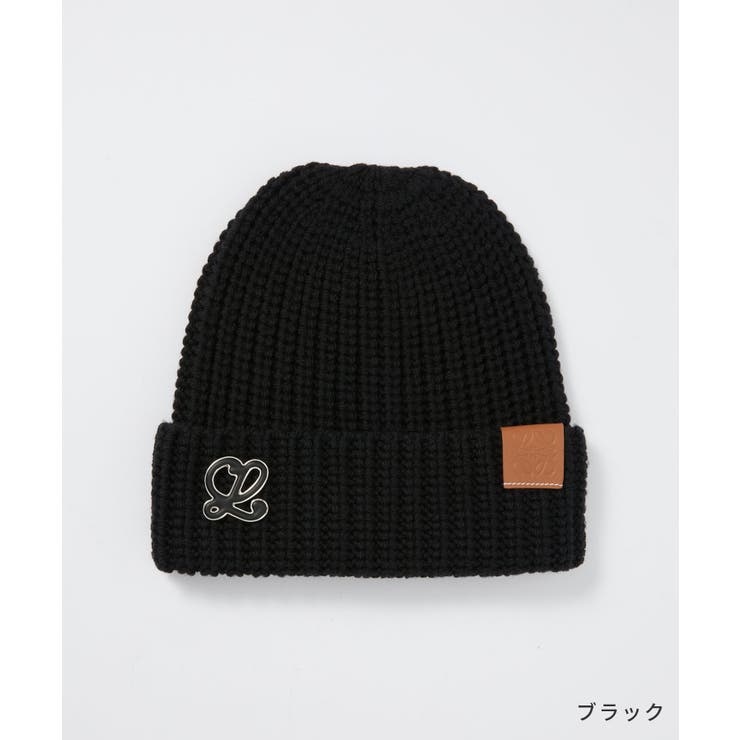 ファッション通販 ファッション LOEWE ブラック ニット帽 ロゴ入り
