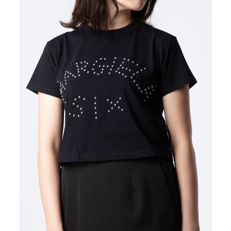 エムエム6MM6S62GD0121S23588Tシャツレディーストップスメゾンマルジェラ半袖カットソーショート丈ロゴTスタッズ装飾クルーネックカジュアルシンプル春夏コットン綿大きいサイズホワイトブラックXSSM