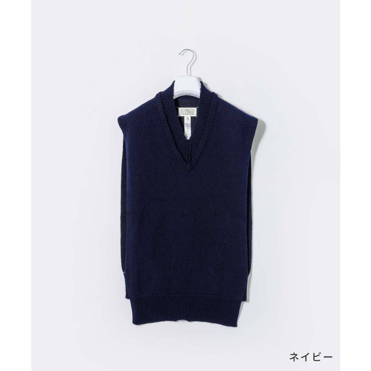 メゾンマルジェラMAISONMARGIELASI1TH0001S18064ベストSTOLEメンズトップスニットVネックウールリネンタバードリブ編み4ステッチコットンジレオーバーサイズウェア秋冬シンプルギフトプレゼントネイビーグリーングレーXSSM
