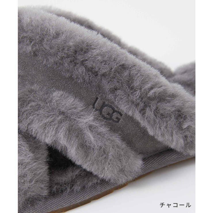 アグUGG1123572サンダルスカッフィータレディースシューズスライドサンダルファーSCUFFITAロゴ普段使いルームシューズスリッパおしゃれ靴ウィンター防寒かわいい女性おしゃれクロスストラップシープスキンブラックサンドチャコール22.0～25.0cm