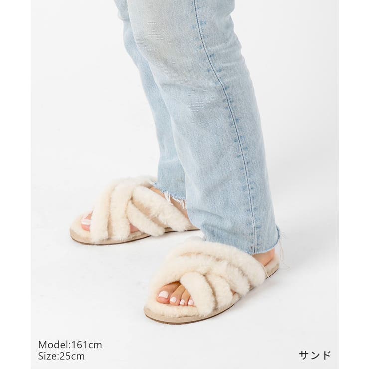 アグUGG1123572サンダルスカッフィータレディースシューズスライドサンダルファーSCUFFITAロゴ普段使いルームシューズスリッパおしゃれ靴ウィンター防寒かわいい女性おしゃれクロスストラップシープスキンブラックサンドチャコール22.0～25.0cm