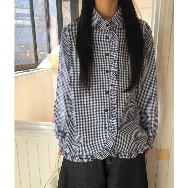 ネイビー | フリル長袖チェック柄シャツ | Ulysses