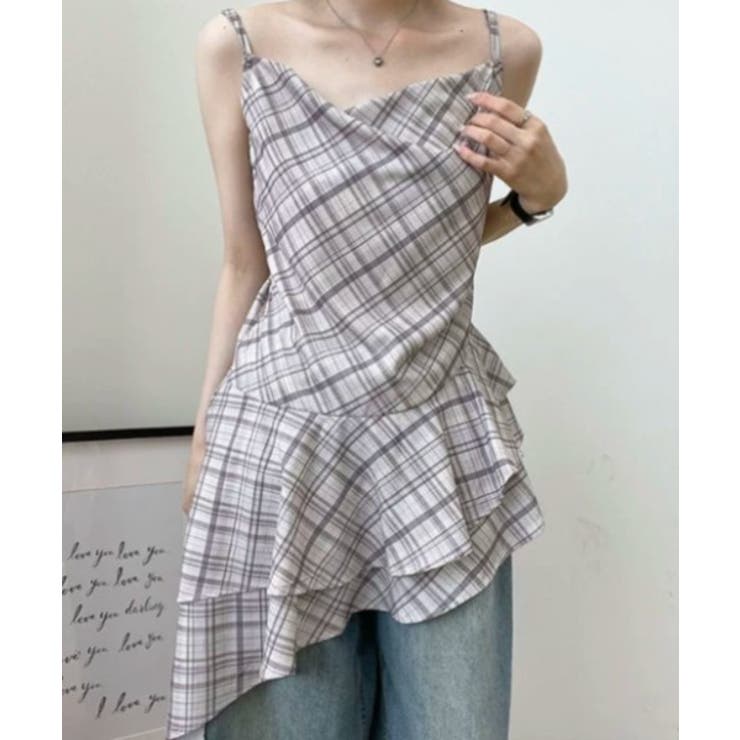 HEM FLARE キャミトップス チェック柄フリルキャミソー NVY フリルイレギュラーチェック柄キャミトップス[品番：NTRW0013817