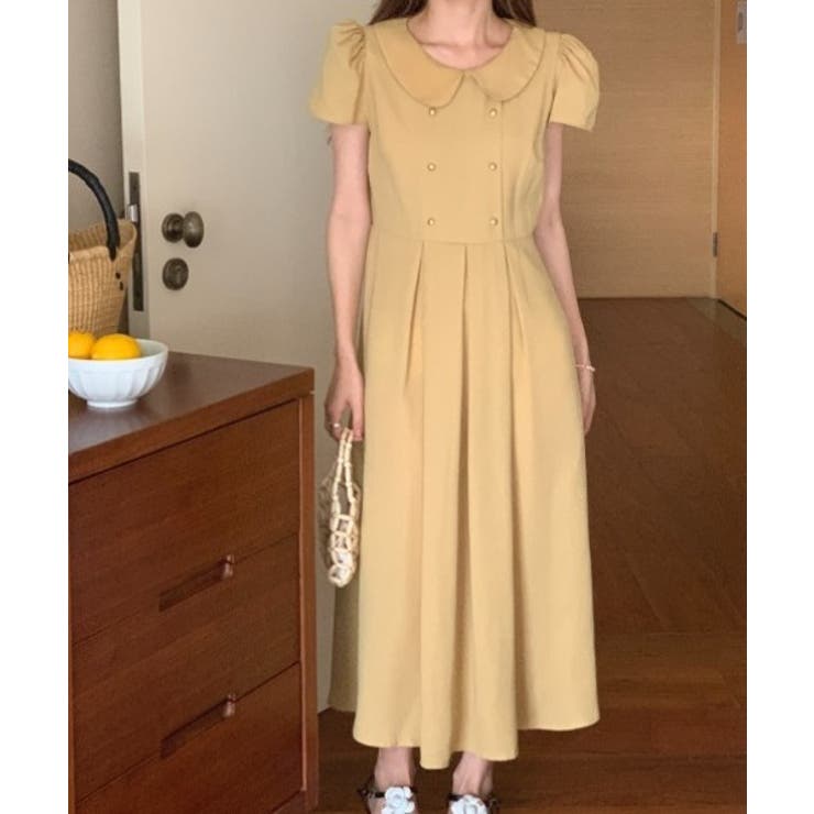 イエロー | リボンダブルブレストパフスリーブ半袖ワンピース | Ulysses