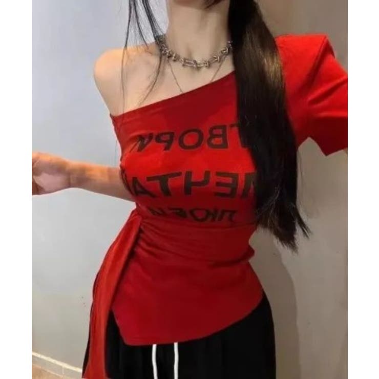 レッド | リボンオフショルダープリントTシャツ | Ulysses