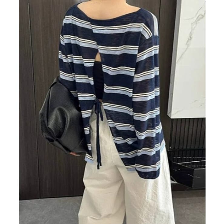 ブルー | バック中空ボーダー柄Tシャツ | Ulysses