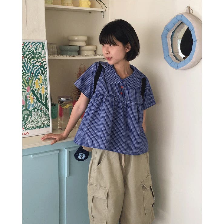 ブルー | デカ襟チェック柄シャツ | Ulysses