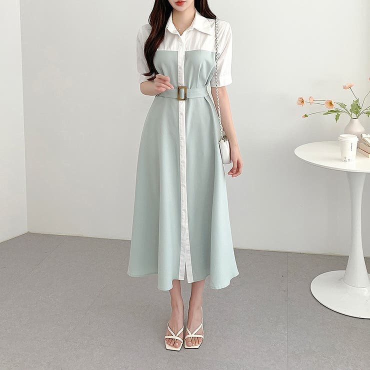 ライトグリーン | 配色シャツワンピース | Ulysses