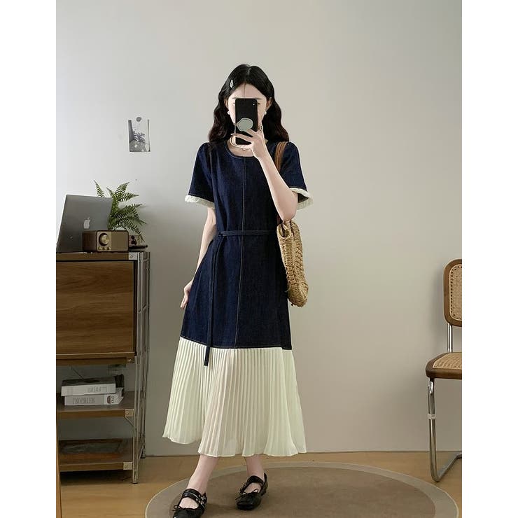 ベルト付き半袖ロングクルーネックデニムワンピース | Ulysses | 詳細画像1 