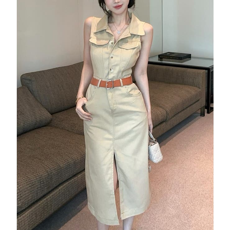 ベージュ | スリットポケット袖なし襟付きデニムワンピース | Ulysses